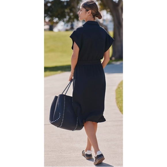 Varley Louisa Dress WOmens Size Large Black Zip Through Midi Pockets NWT $188 - Picture 3 of 13